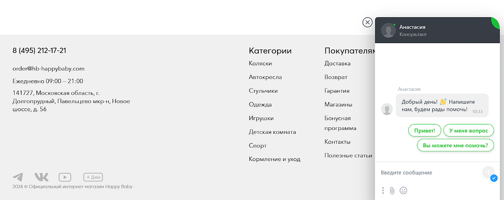 Чат поддержки на HappyBaby