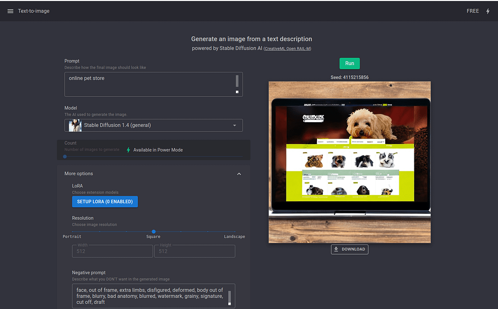 Последний подойдет для пользователей с навыками программирования. Самый же простой вариант — генерировать изображения прямо на сайте. Все наглядно и просто: вбиваете в поле “Prompt” свой запрос на английском языке, нажимаете “Generate” и  ждете. Ровно по этой схеме мы попросили Stable Diffusion сгенерировать картинку “online pet store” (интернет-магазин товаров для животных) и получили вот такой макет.
