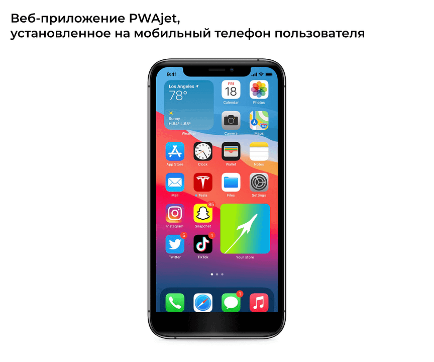 Особенность PWA в том, что отображаясь в поисковых системах как сайт, он выглядит как полноценное мобильное приложение. И скачивается оно не из Google Play или Apple Store, а с главной страницы онлайн-магазина. 