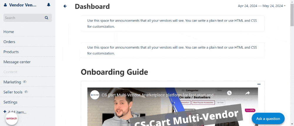 Keyword Research: Implement tools to help sellers identify the best keywords for their products. Offer guidelines on how to incorporate these keywords effectively. CS-Cart has an onboarding guide for sellers right in the vendor panel. You can add all the steps, instructions, or even videos with guidelines on SEO optimization to that guide.