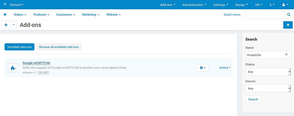 Google reCAPTCHA built-in add-on in CS-Cart