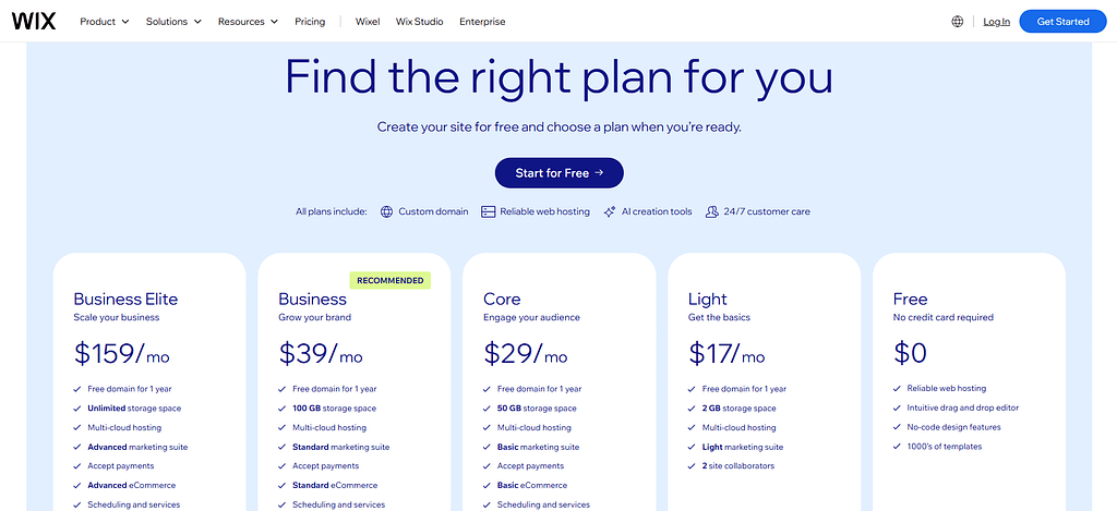 Wix pricing plans 2026