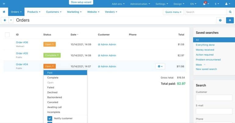 Order management page in CS-Cart Multi-Vendor