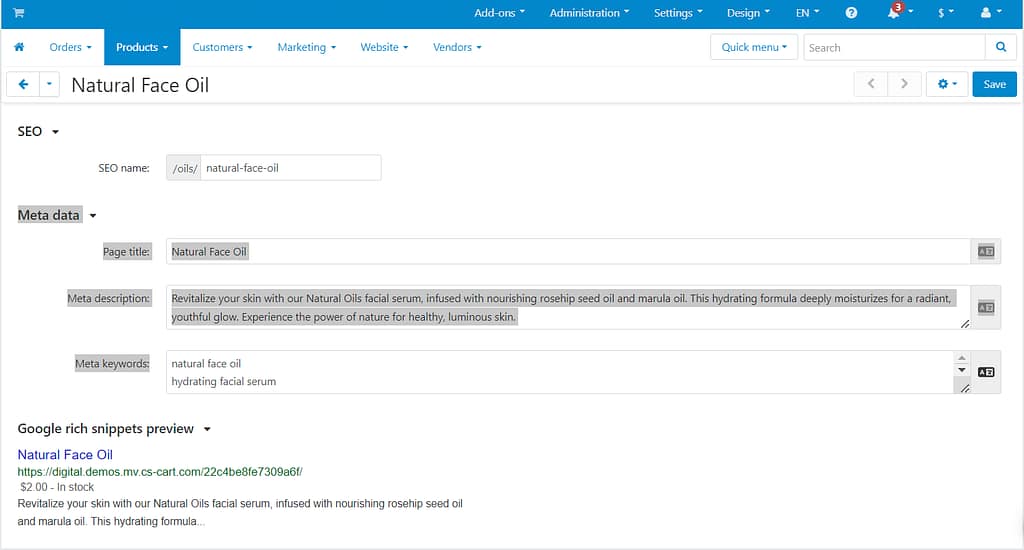 The CS-Cart platform can put all the collected keyword info about a product to form rich snippets for you automatically. It's a pretty neat feature. Now the search engines can display more comprehensive info about your products right there in the search results. That can help draw more potential customers to your offerings.