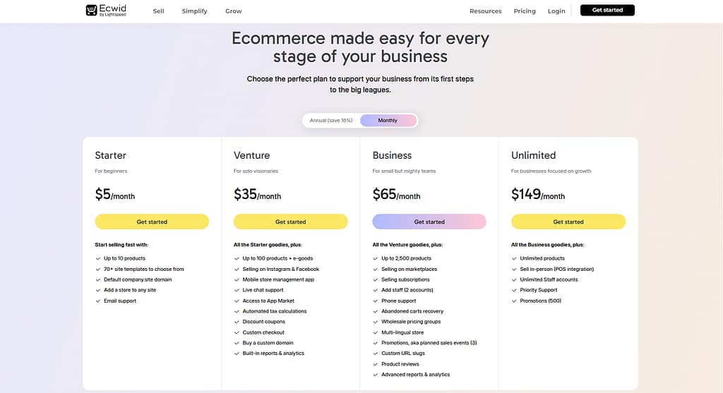 Ecwid pricing plans 2026