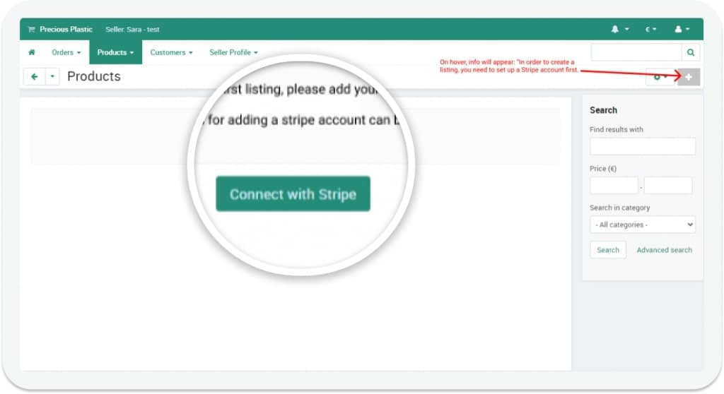 Example of a customized store on CS-Cart, allowing for streamlined vendor onboarding by making Stripe Connect account creation a mandatory first step. The modification deactivates the "Add product" button until the account is set up, thus ensuring vendors are aware of the payment setup requirement before they can start selling.