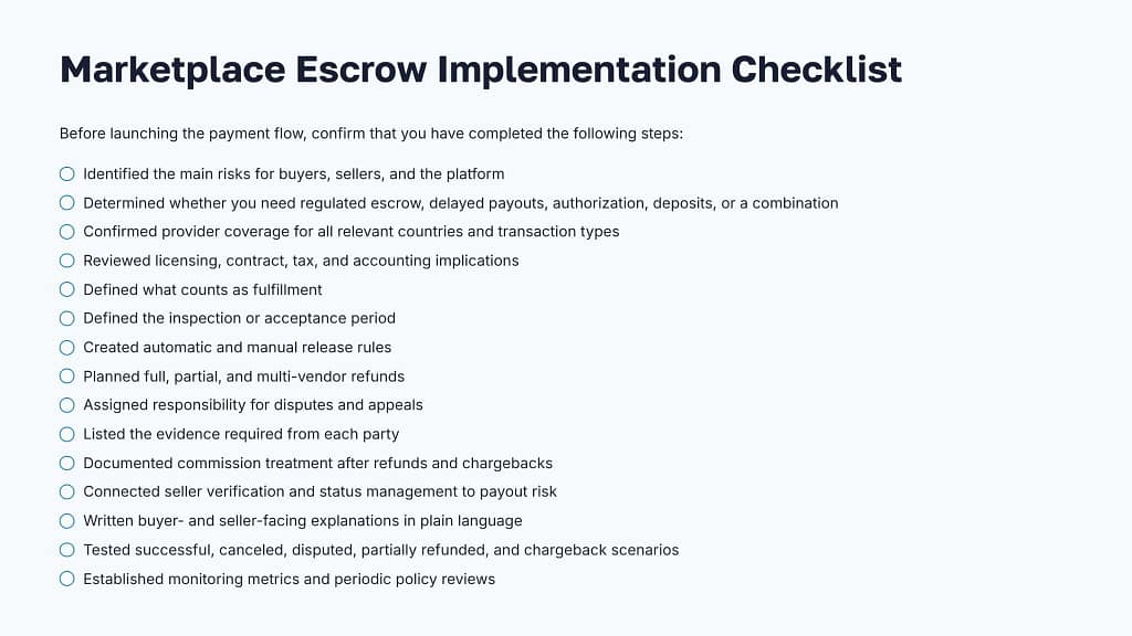 Marketplace escrow implementation checklist