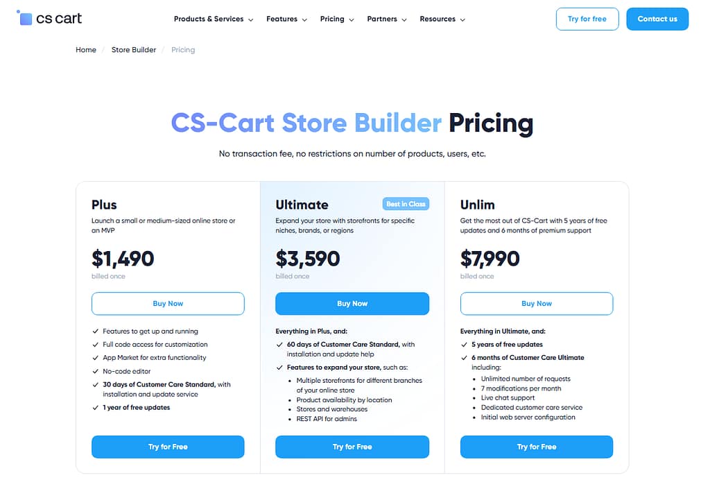 CS-Cart Store Builder lifetime license pricing 2026