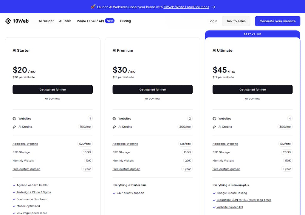 10Web pricing plans 2026