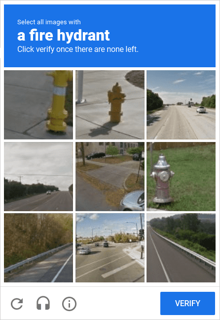 Google Captcha with the fire hydrants