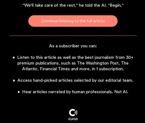 Completing Curio’s email newsletter with a clear CTA and a brief listing of the service’s features