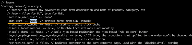 Disabling anti_csrf tweak in CS-Cart