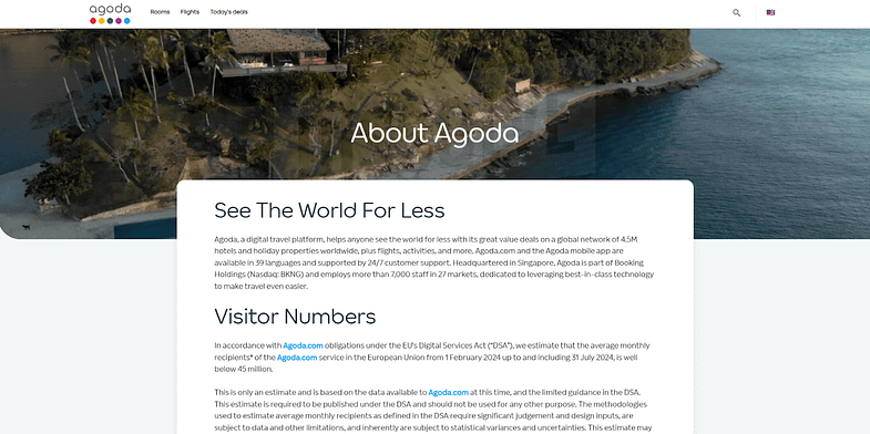 Agoda home page with information about booking marketplace
