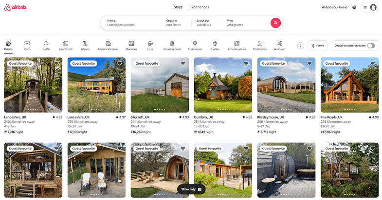 Airbnb home page with a selection of places to rent