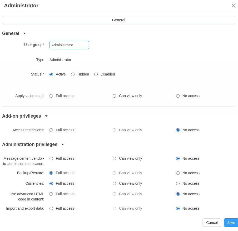 The CS-Cart software allows to assign different rights depending on user roles.