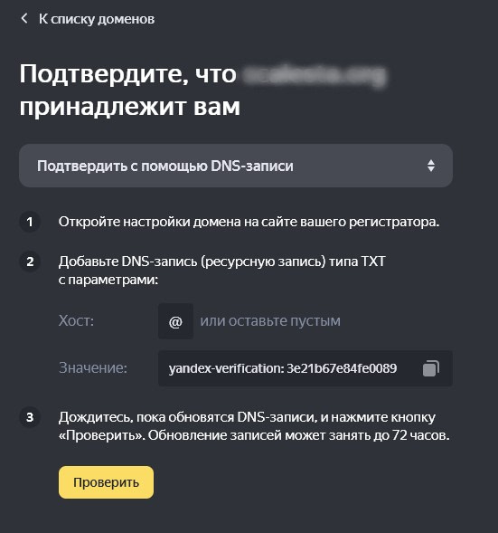 4. Теперь подтвердите свой домен. Яндекс предложит несколько вариантов. Мы рекомендуем выполнять проверку через запись DNS.
