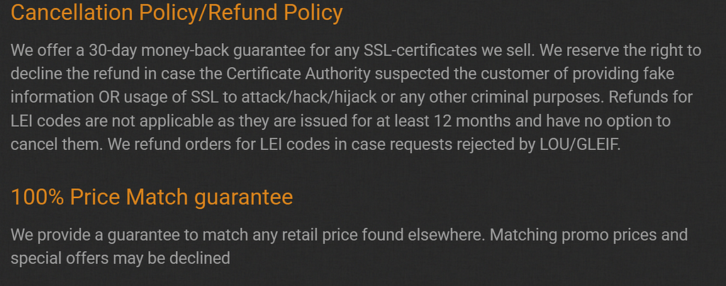 GoGetSSL Terms and Conditions about Price Match guarantee