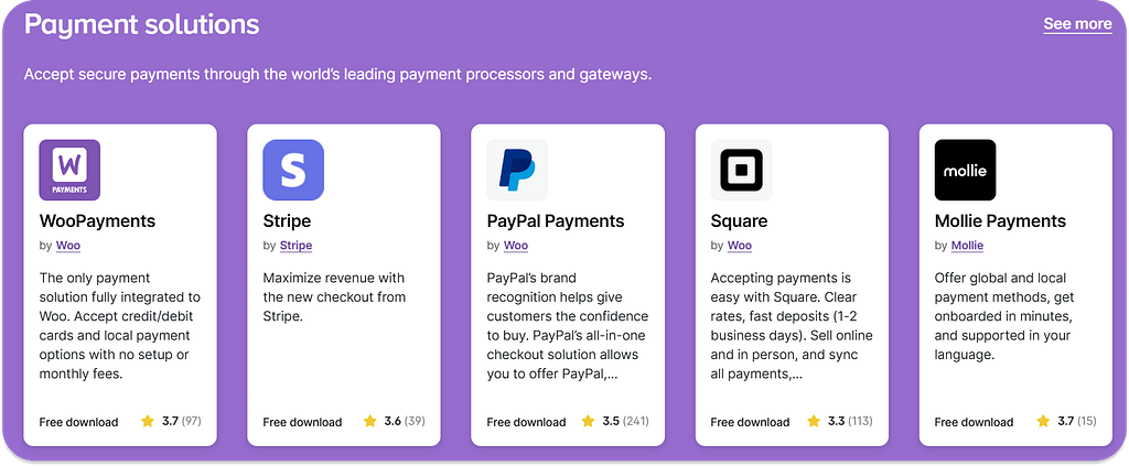 Examples of payment plugins available for WooCommerce