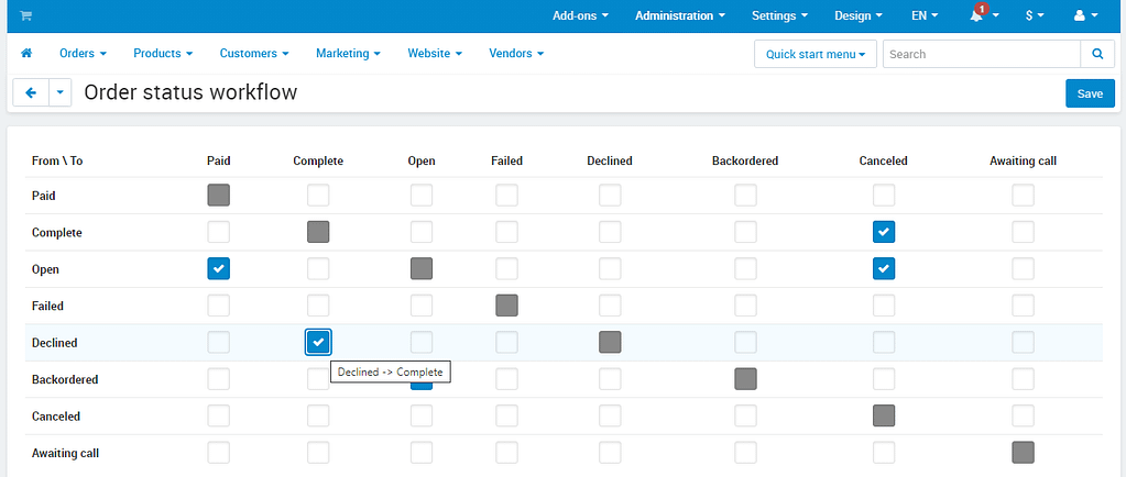 Order Status Restriction can change the overall workflow of order statuses. Just, mark the status you want to edit in a crossword-like table to alter the status:
