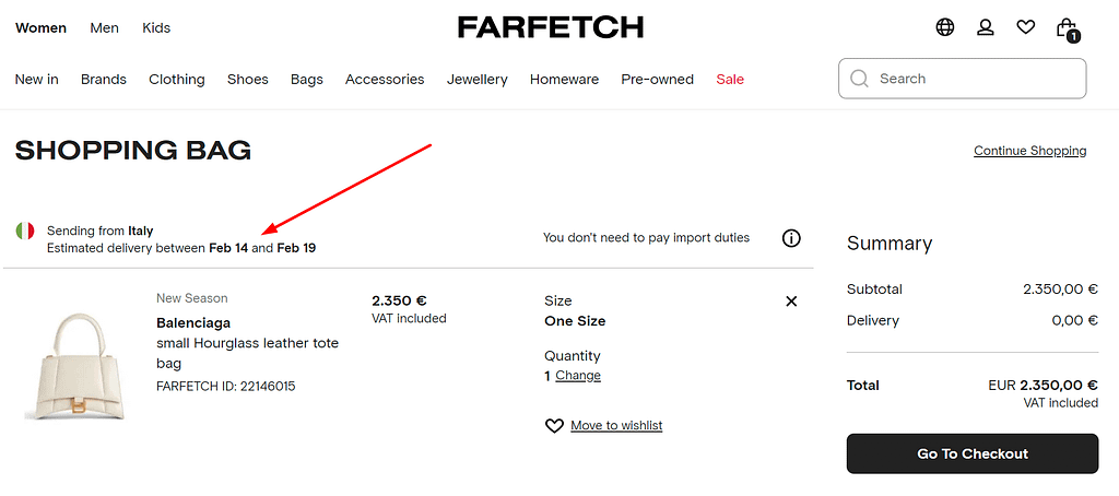 Estimated Delivery on Farfetch