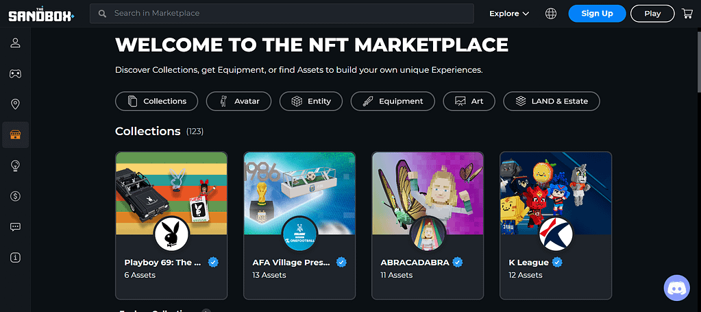 Main Page of NFT Marketplace Sandbox 