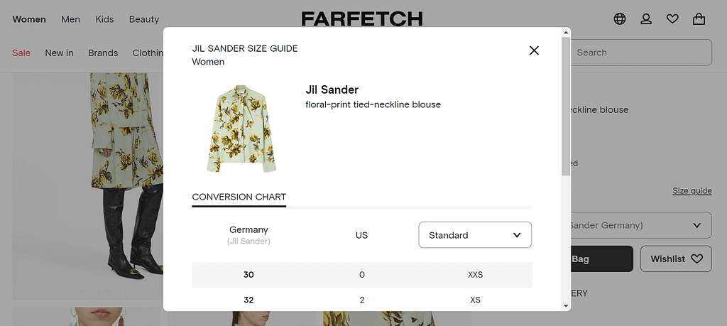 On Farfetch, the Size Guide opens as a popup window