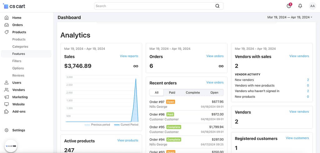 CS-Cart Multi-Vendor dashboard