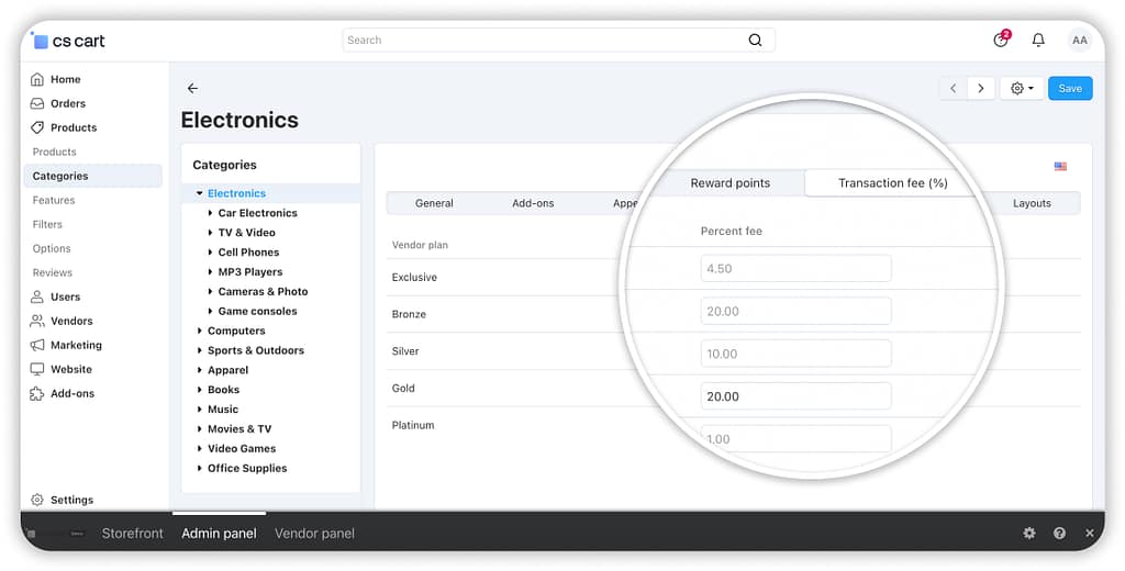 Vendor plans: Commissions by category 