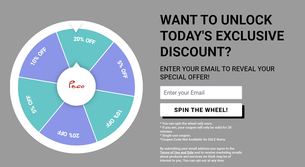 The clothing brand Paco offered discounts up to 60% off and included a “Spin to Win” feature on their website, allowing visitors to win additional discounts. This tactic not only incentivized purchases but also helped grow their email subscriber list.