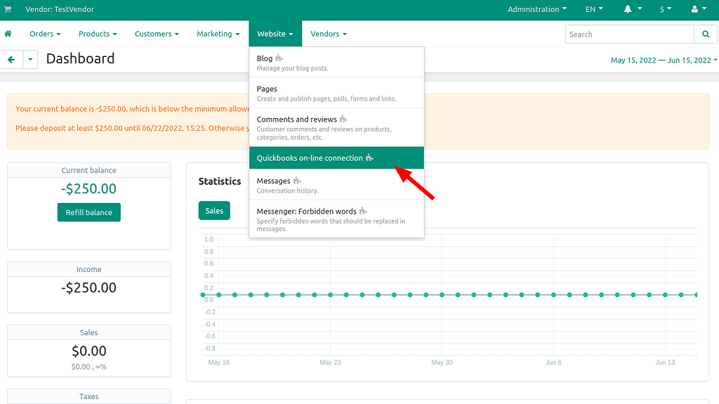 Vendor Panel Configurator appeared in the latest Multi-Vendor version and added a new interface where the Website > QuickBooks on-line connection tabs were missing. In the new version of the QuickBooks Online Integration we included all the necessary tabs. You can see them in the vendor panel. 