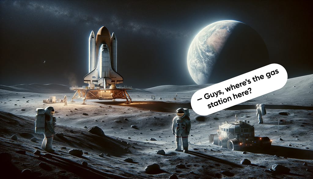 Astronauts ran out of fuel and are looking for a gas station on the Moon. March 1, 2055.