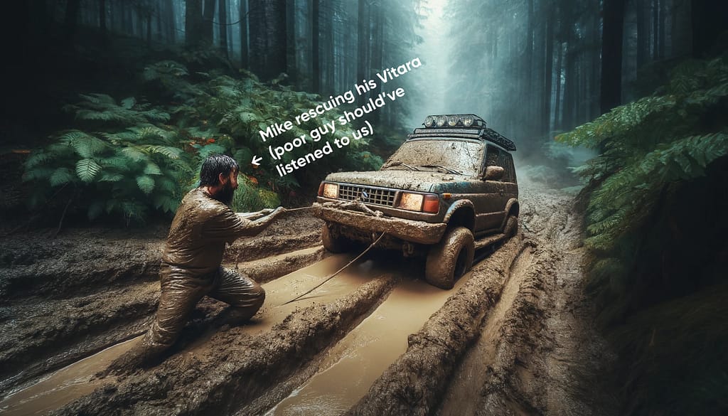 A friendly photo of Mike saving his car from mud