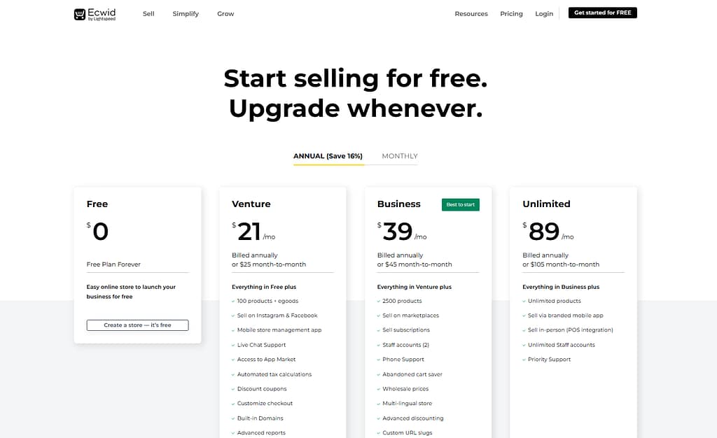 Ecwid pricing plans