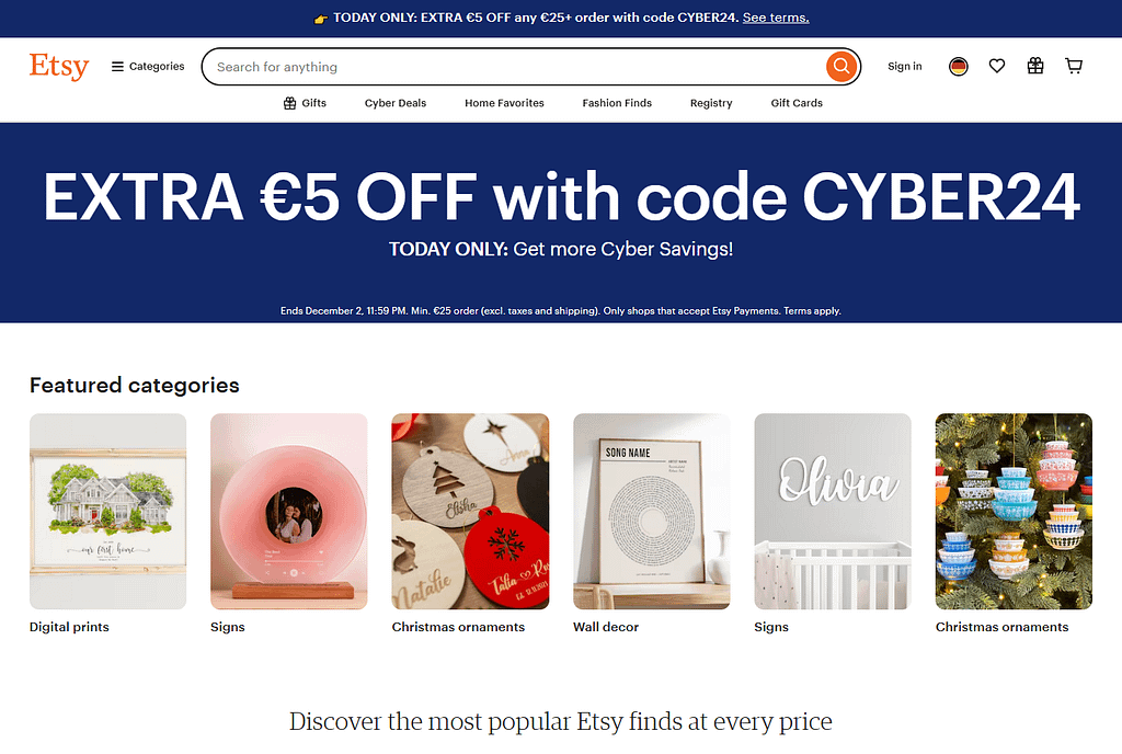 Etsy main page with CyberMonday deals