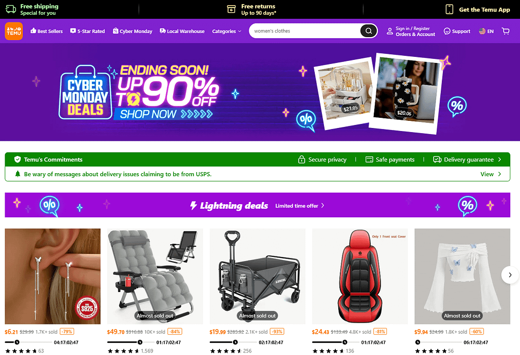 Temu’s home page with CyberMonday deals