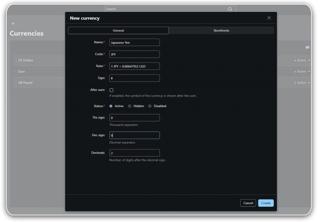Assign different currencies for every separate storefront in the Admin Panel