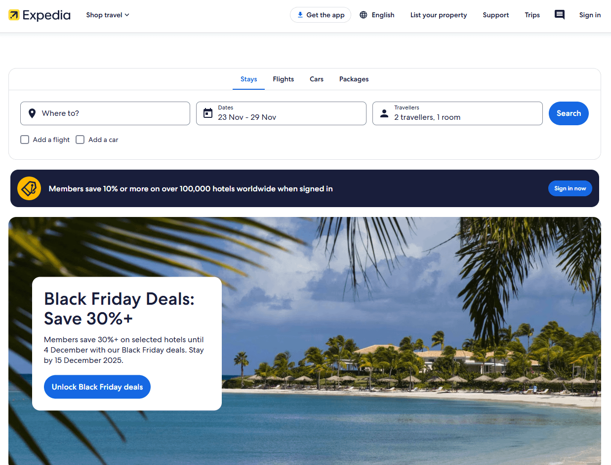 Expedia's home page presenting offers