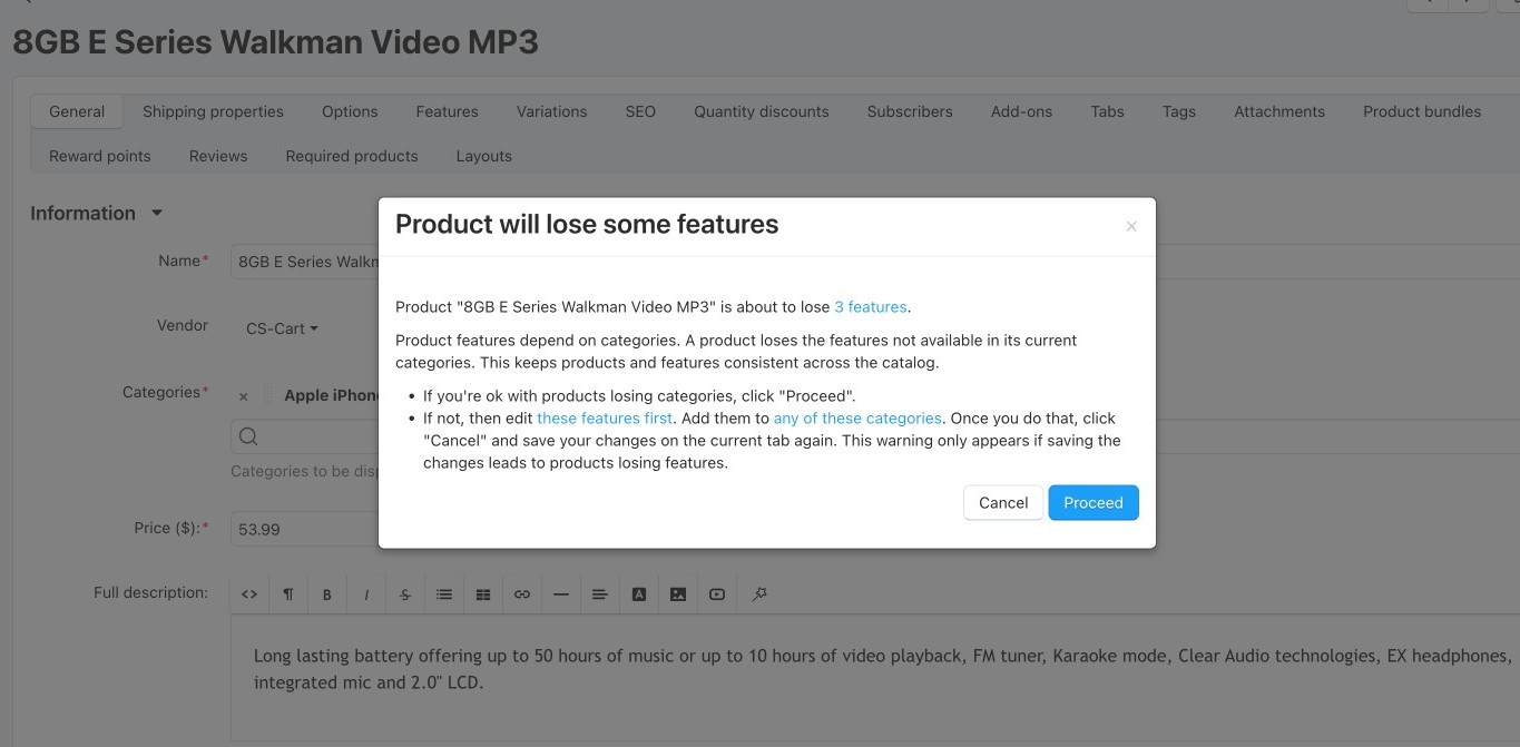 In CS-Cart 4.20.1, we added protection against such situations. If an action may lead to attribute removal, the system now shows a warning in advance, explaining what will happen and suggesting the next steps.