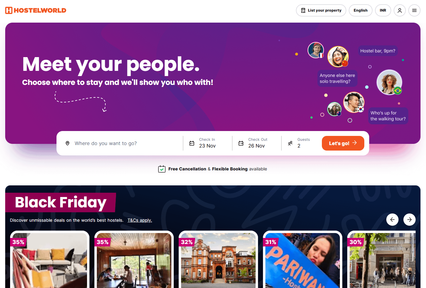 Hostelworld homepage with Black Friday offers and promotion