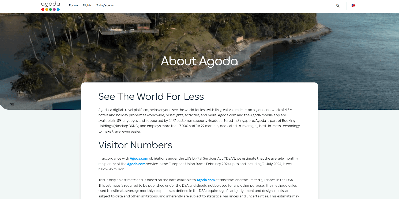 Agoda home page with information about booking marketplace