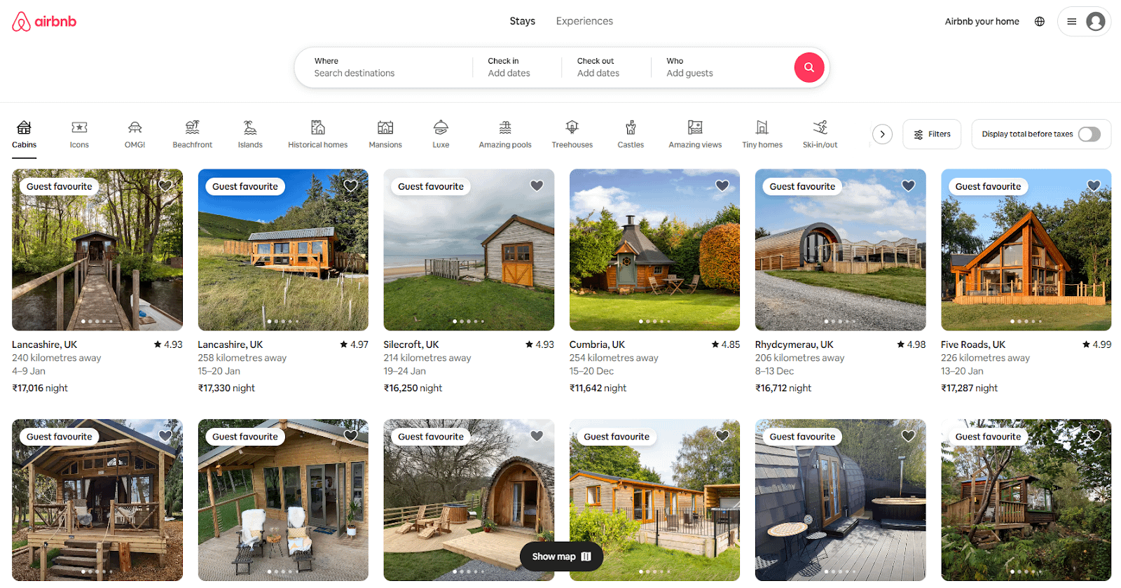 Airbnb home page with a selection of places to rent