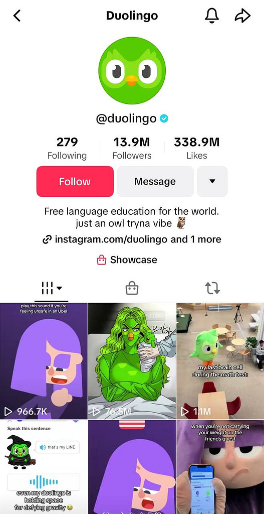 Duolingo’s TikTok profile