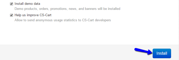 Then, you will be offered a choice to install sample, demo data to your website and requested your consent to report statistics to the CS-Cart support team. After checking the required options, press the Install key to go next.