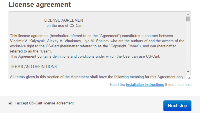 Accept the License agreement and strike the Next Step key.