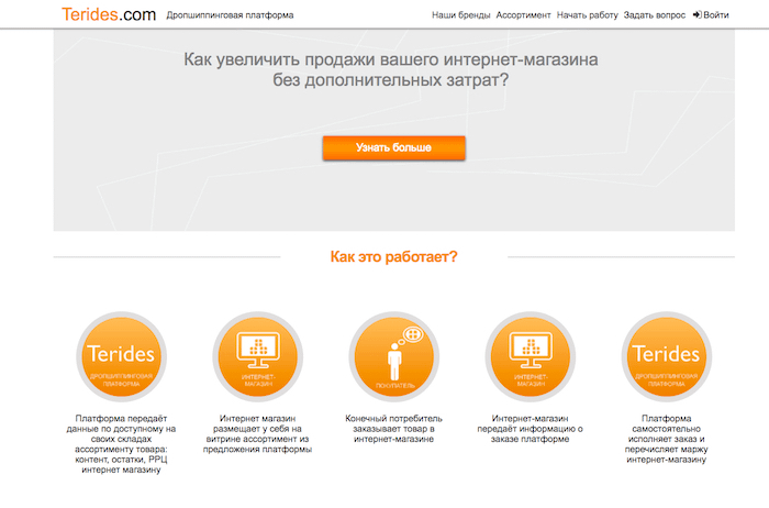Сайт дропшиппинговой платформы terides.com