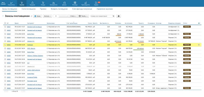 Вкладка Заказы поставщикам