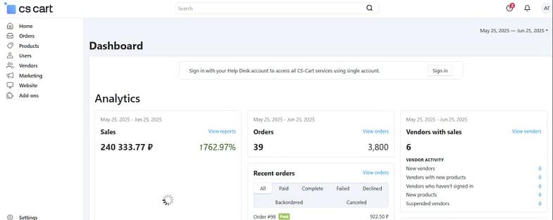 Analytics dashboard in CS-Cart