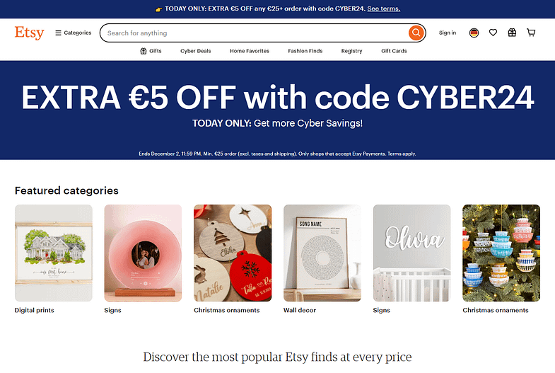 Etsy main page with CyberMonday deals