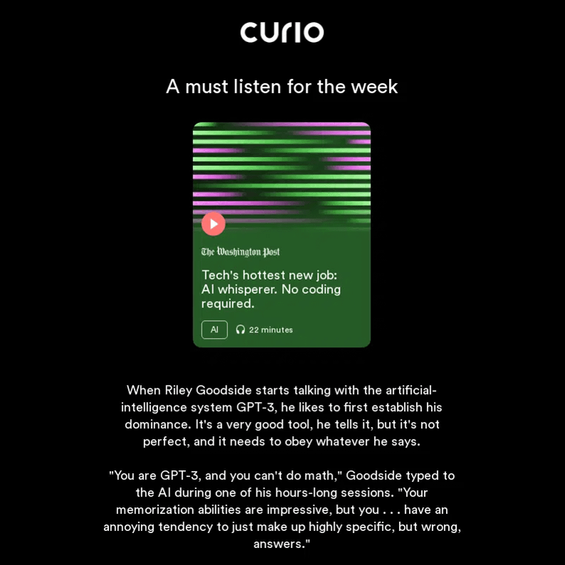 Curio's email newsletter