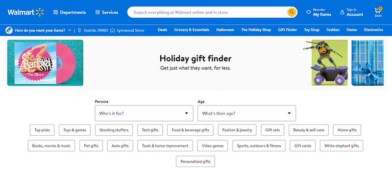Gift Finder on Walmart that allows finding a personalized gift